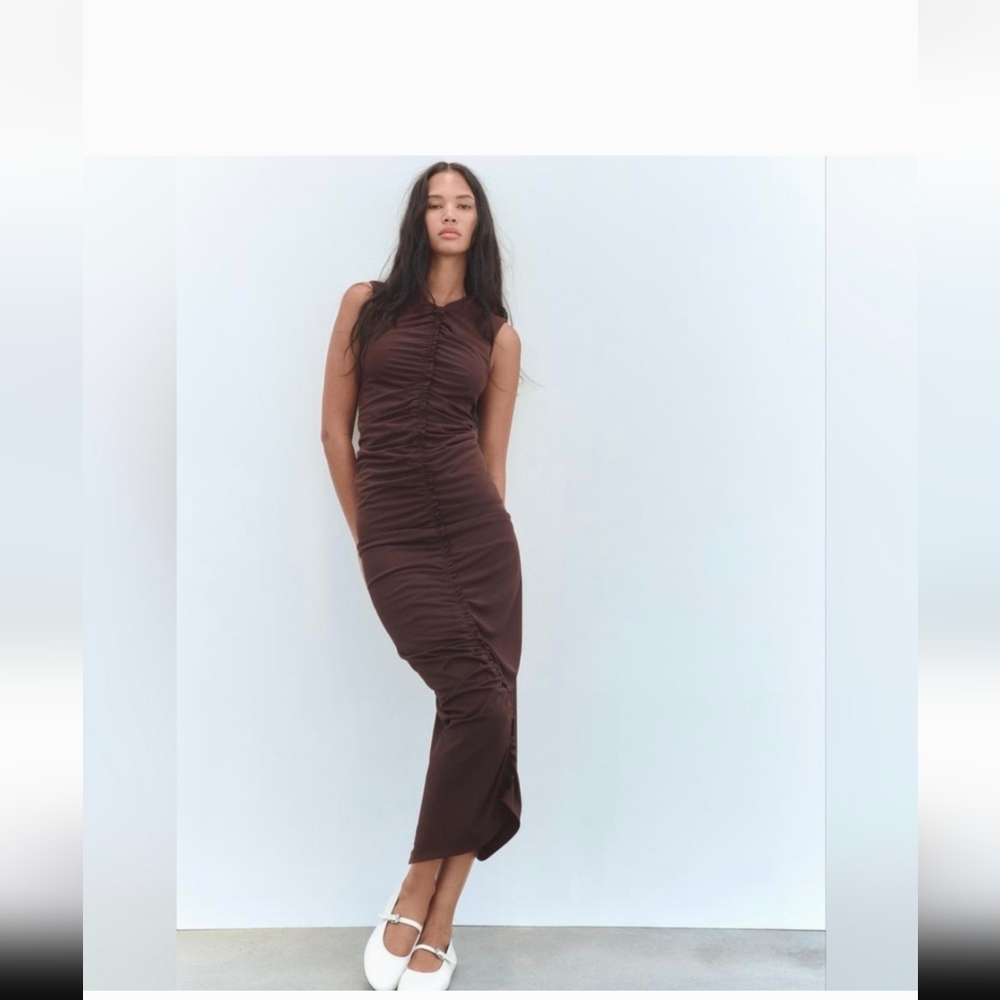 ZARA BROWN RUCHING DRESS NWT